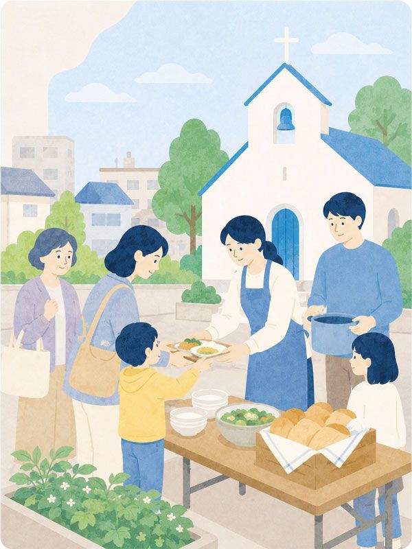 教会の前で地域の人々に食事を配る奉仕