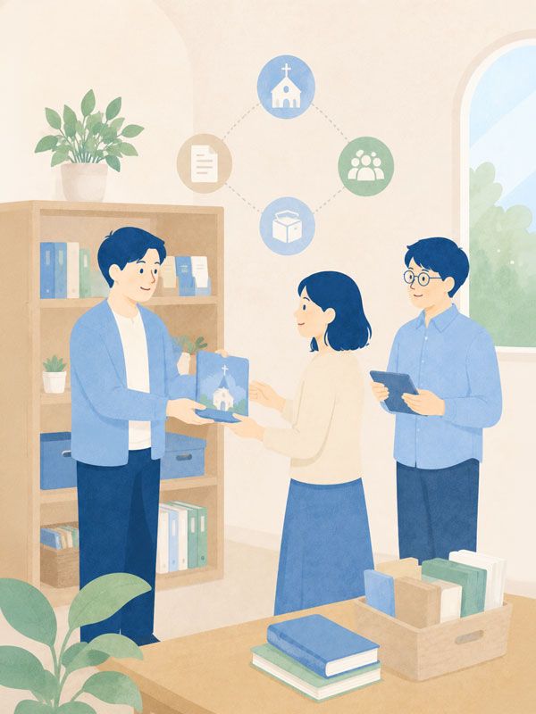 教会同士で資料を手渡し合う様子