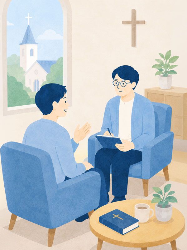 牧師と向かい合って語り合う人