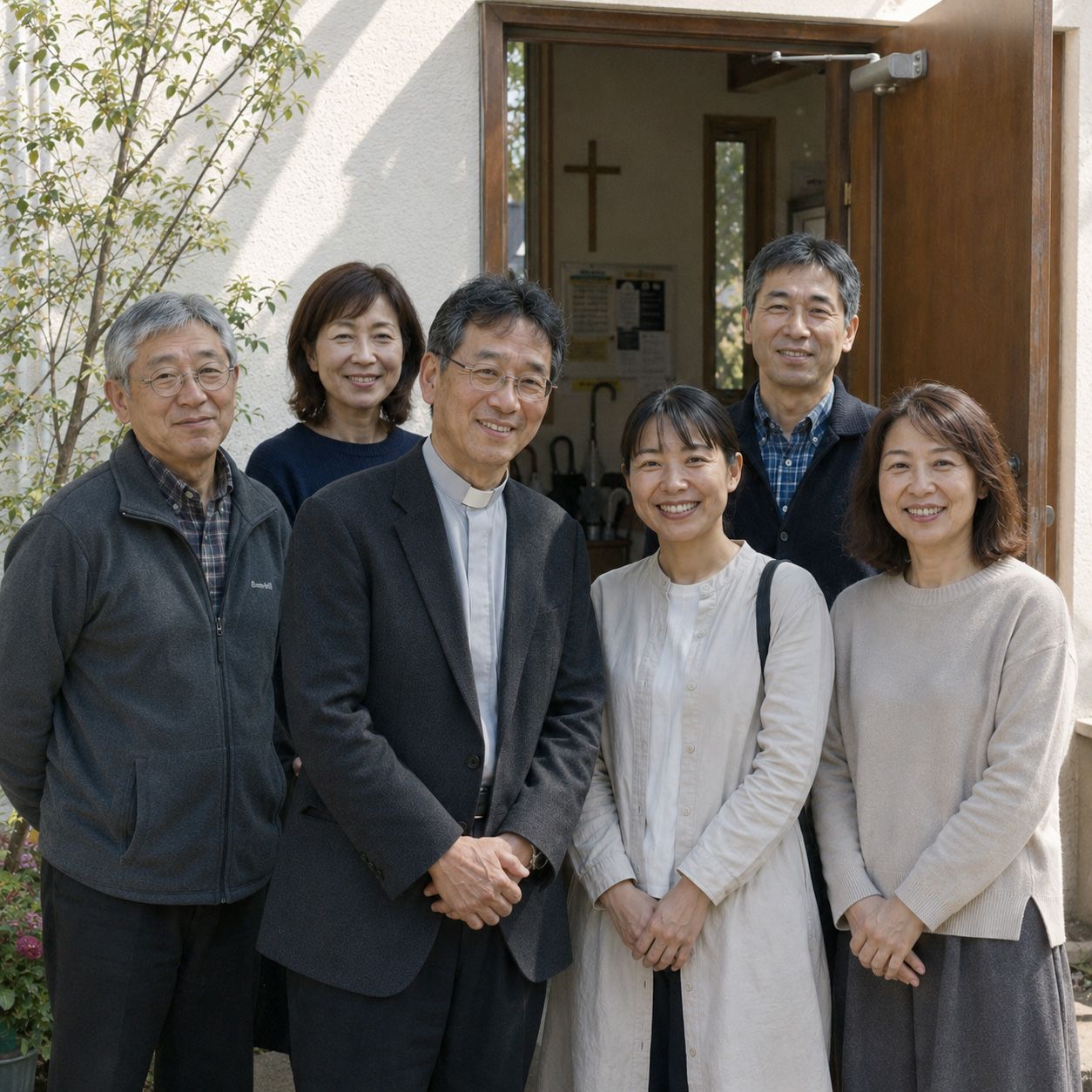 教会の入口に集う人々の集合写真
